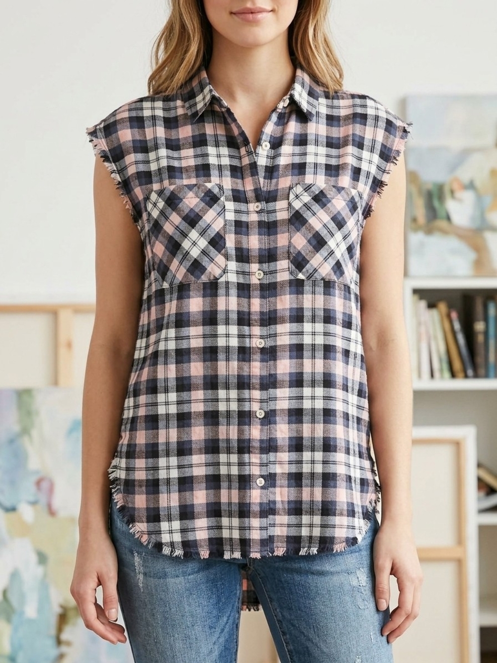 Forever 21 Pink & Navy Plaid Sleeveless Button Down Shirt - Frayed Trim Small